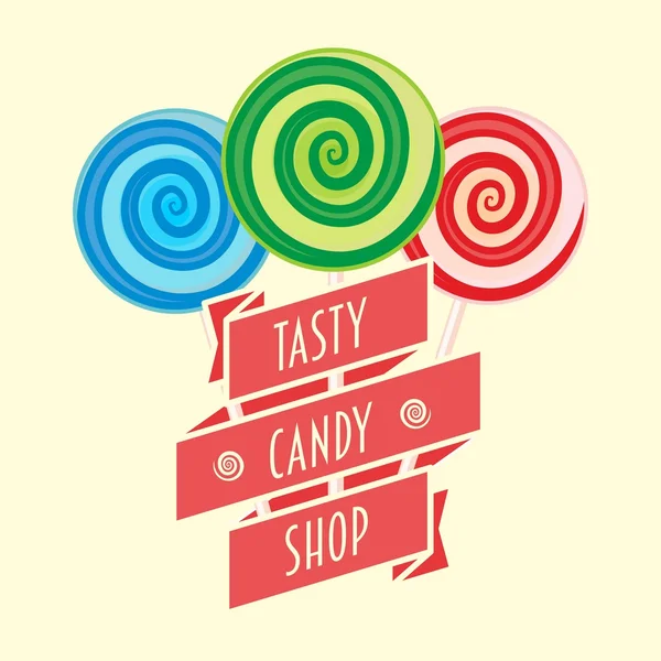 Candy Shop logo, symbool of label concept met drie lollies. Vector illustratie — Stockvector