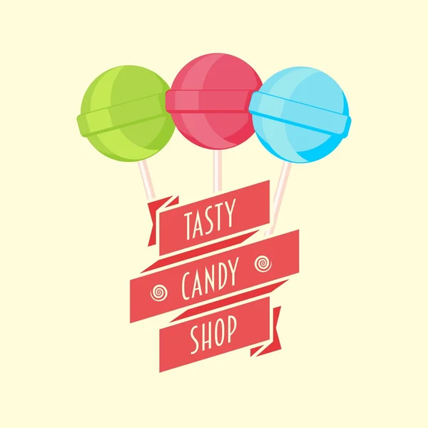 Logotipo de loja de doces, sinal ou modelo de símbolo com três pirulitos e fita. Ícone doce para café. Ilustração vetorial . — Vetor de Stock