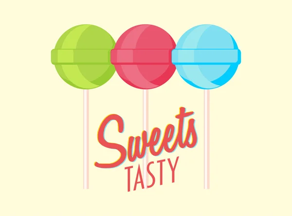 Uppsättning av Lollipop candis på pinnar med text. Tre sötsaker vektor illustration. — Stock vektor