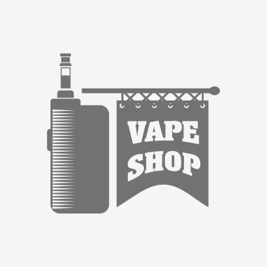 Vape dükkanı e-sigara amblemi, etiket veya logo. Vektör vintage illüstrasyon. Beyaz arka planda yalıtılmış.