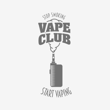 Vape kulüp rozeti, logo veya sembol tasarım konsepti. Vaping kutusu mod ve buhar bulut vektör illüstrasyon beyaz arka plan üzerinde izole. Reklam vape dükkanı, elektronik sigara dükkanı için kullanılabilir