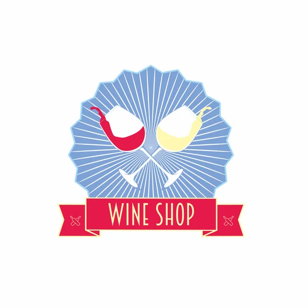 Маркировка винного магазина, логотип или шаблон оформления символа с двумя стаканами и лентой с надписью — стоковый вектор