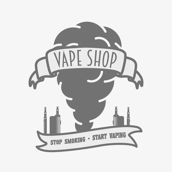 Vape loja de crachá, logotipo ou símbolo conceito de design isolado no fundo branco . —  Vetores de Stock