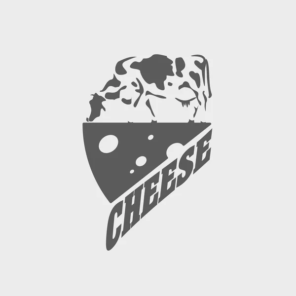 Logotipo de vector de queso fresco, etiqueta o concepto de diseño de placa con vaca — Vector de stock