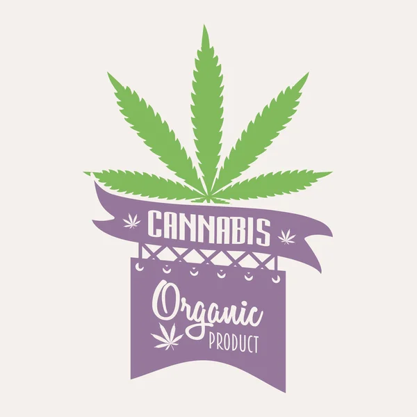 Κάνναβης μαριχουάνα λογότυπο ή σήμα τον πρότυπο σχεδίασης με φύλλα και πανό — Διανυσματικό Αρχείο