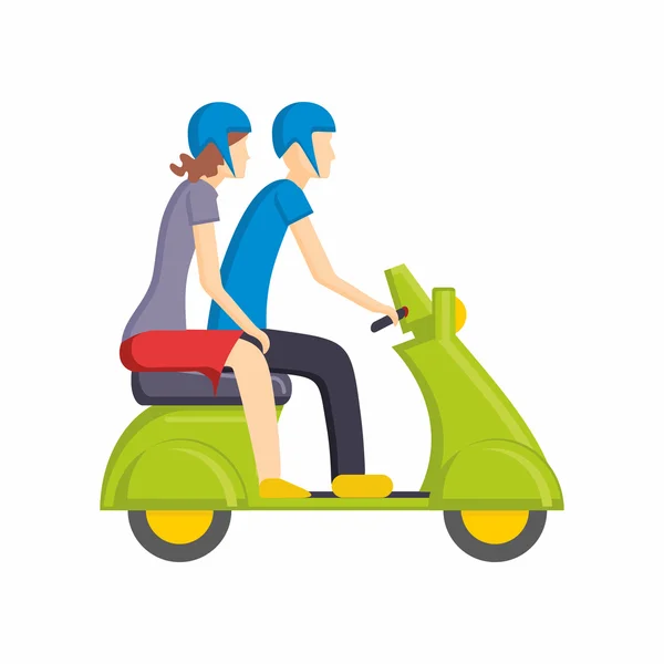 Muž a žena na moped nebo skútr na cestách. Plochý design vektorové ilustrace. — Stockový vektor