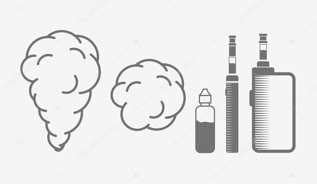 Set of Vape objects. Electronic cigarette and vaping steam clouds isolated on white background