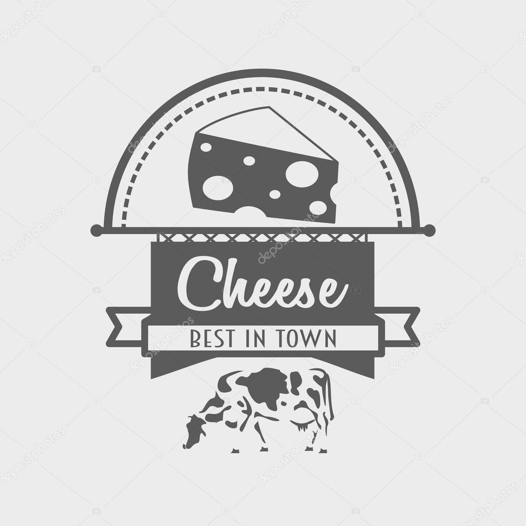 Cheese vintage label, logo or sign design template. Vector illustration with cow