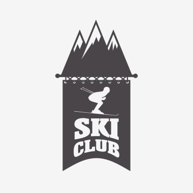 Kayak ve snowboard resort logo, amblem, etiket veya rozetleri öğe vektör. Kayakçı ve dağ Kayak Kulübü sembolü kavramı