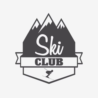 Logo, sembol veya etiket şablon Kayak Kulübü ve kayakçı ve dağ ile Snowboard tatil /