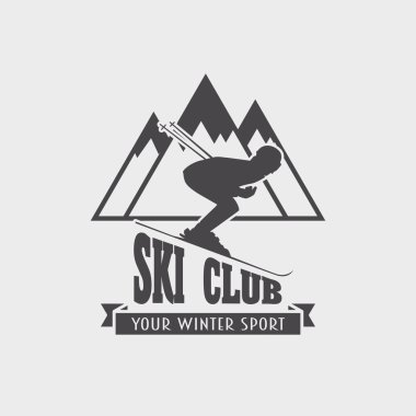 Kayak Kulübü ve snowboard resort logo, amblem, etiket veya rozetleri öğe kayakçı ve dağ ile vektör