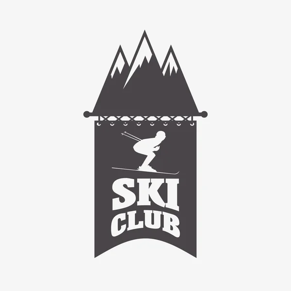 Logotipo de estación de esquí y snowboard, emblema, etiqueta o insignias elemento vectorial. Club de esquí concepto de símbolo con esquiador y montañas — Vector de stock