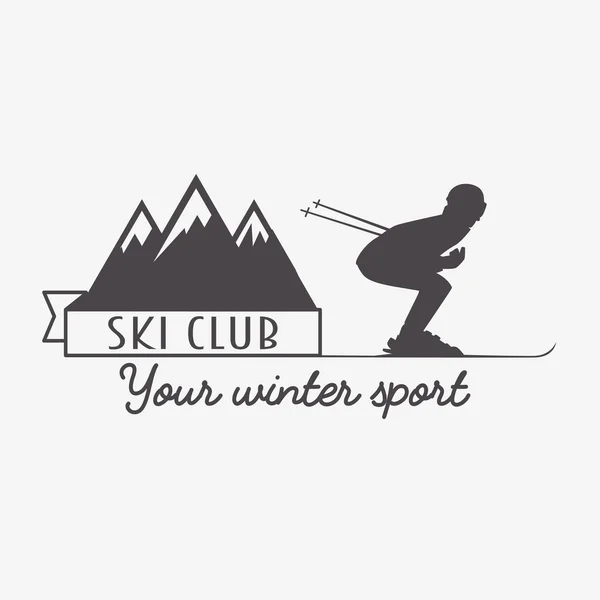 Logotipo de estación de esquí y snowboard, emblema, etiqueta o insignias elemento vectorial. Club de esquí concepto de símbolo con esquiador y montañas — Vector de stock