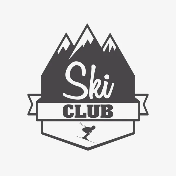 Logo, símbolo o etiqueta plantilla de club de esquí y estación de snowboard con esquiador y montaña — Vector de stock