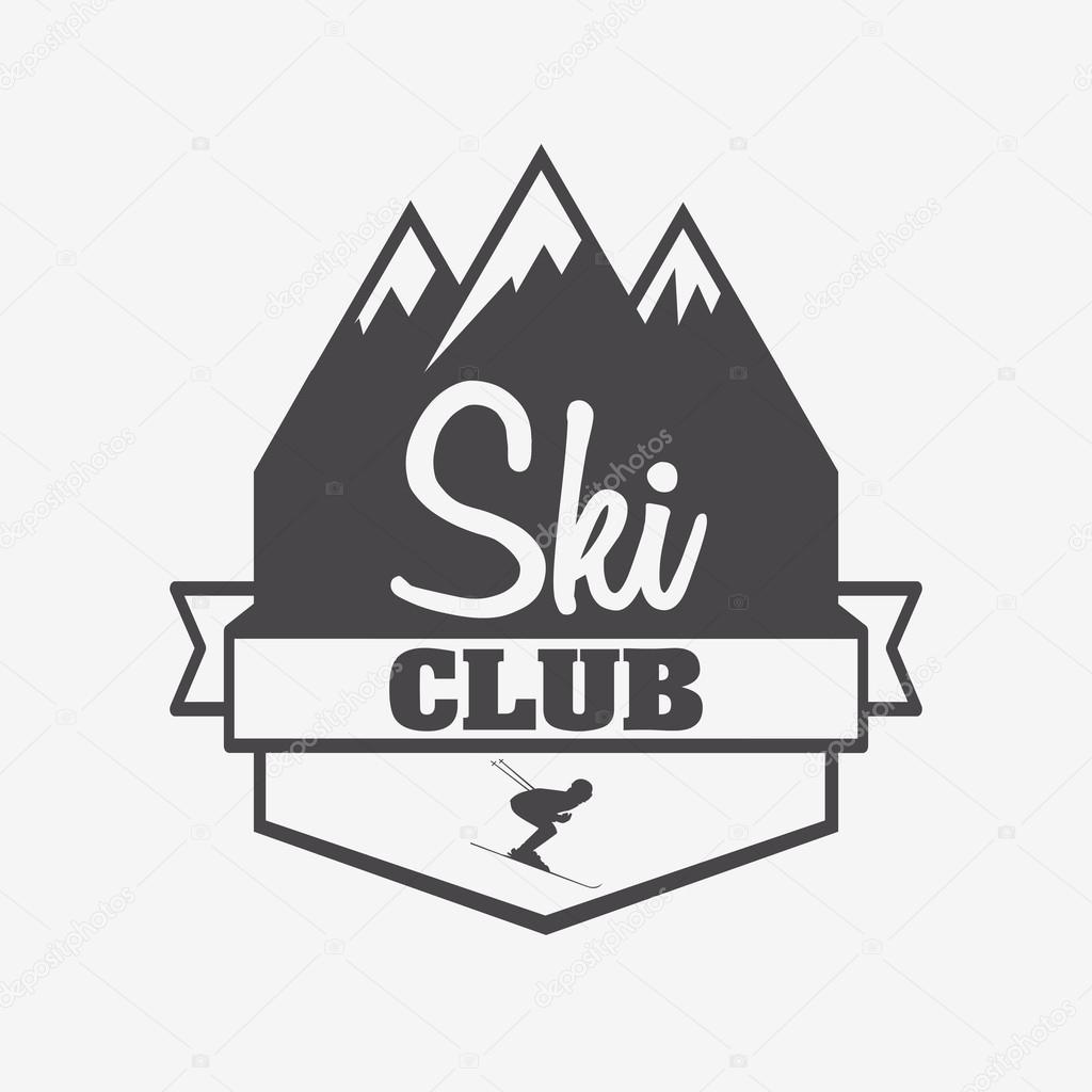 Logo, symbol or label template of ski club and snowboarding resort with skier and mountain