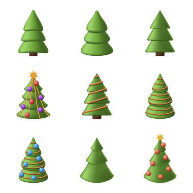 3D karikatür noel ağacı koleksiyonu. Yılbaşı ağacının vektör çizimleri