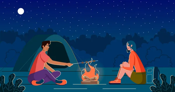 Homem e mulher num acampamento com uma fogueira e uma tenda. Homem fritando marshmallows no pau de madeira. Vetores De Stock Royalty-Free