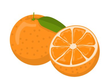 Taze olgun portakal meyvesi, yaprak ve dilimle. Düz vektör illüstrasyonu