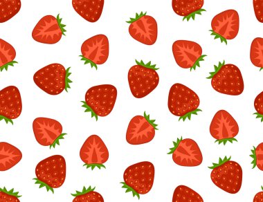 Düz çilek desenli. İştah açıcı taze çilek vektörü sonsuz arka plan. Tam ve ikiye bölünmüş..