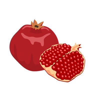 Nar düz çizim. Beyaz zemin üzerinde izole edilmiş olgun kırmızı nar meyvesi. Vektör illüstrasyonu