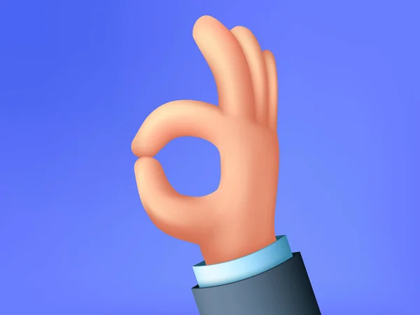 Oké, handteken. Cartoon 3d hand toont OK symbool. — Stockvector