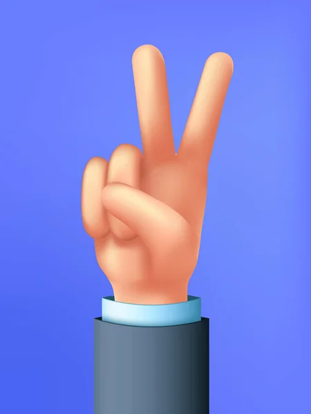 Hand teken van een overwinning. V of groet symbool. Vrede 3d cartoon hand. — Stockvector