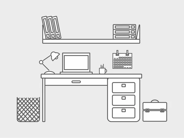 Bureau d'ordinateur de travail, ordinateur portable, lampe, chaise d'ordinateur, illustration vectorielle linéaire — Image vectorielle
