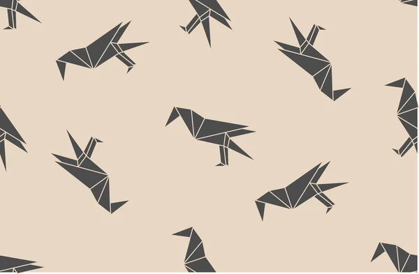 Vector seamless pattern with japanese origami black linear raven birds. — ストックベクタ