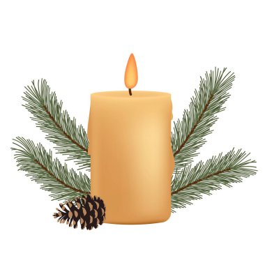 Hafifçe parlayan, soluk turuncu sütun mumu, koyu yeşil çam dalları ve temiz beyaz arka planda izole edilmiş kahverengi çam kozalağı arasında merkezlenir..