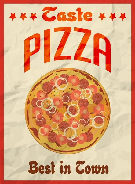 Πίτσα vintage ρετρό αφίσα με τσαλακωμένο χαρτί για εστιατόριο διανυσματικά εικονογράφηση — Διανυσματικό Αρχείο