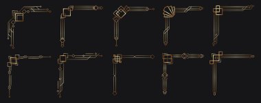 Siyah bir zemin üzerinde altın Art Deco köşe süsleri koleksiyonu, geometrik kareler ve elmaslar, birbirine kenetlenmiş çizgiler dekoratif parantez çerçeveleri oluşturur. Vektör illüstrasyonu