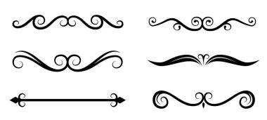 Siyah süs eşyalarının toplanması ve beyaz arka planda gelişmeler. Çeşitli kıvrımlar, kıvrımlar ve simetrik tasarım elementleri. Vektör illüstrasyonu