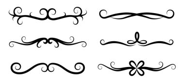 Altı siyah süslemeli bölme seti ve beyaz arka planda gelişmeler, zarif vintage kenarlar, dekoratif girdaplar ve çiçek motifi. Vektör illüstrasyonu