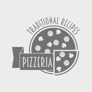 Siyah ve beyaz Pizzeria etiket ya da Logo kavramı İtalyan restoran ve kafe için. Tasarım menüsünden, kartvizit, posterler için kullanılabilir
