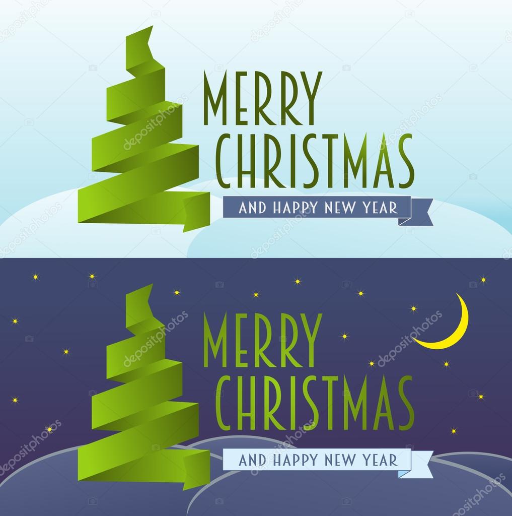vector cristmas card set. Merry Christmas and happy new year concept of greeting card with ribbon christmas tree