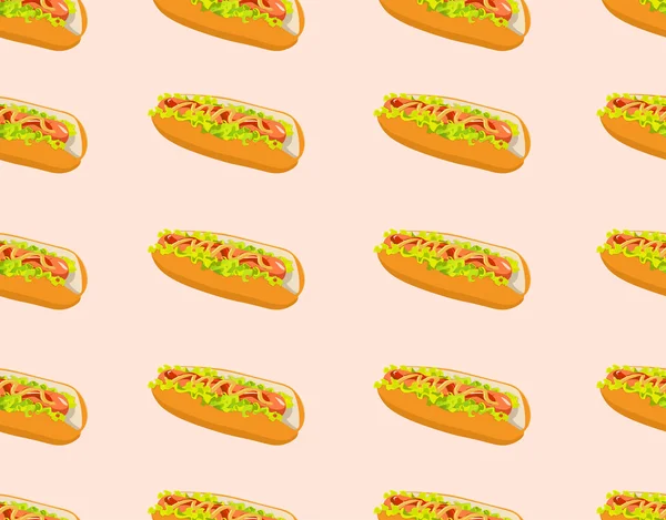Makanan cepat saji pola mulus dengan hot-dog - Stok Vektor