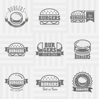 Vektör vintage lokanta logosu ile hamburger ayarla. Logotypes, etiketleri ve rozetleri koleksiyonu