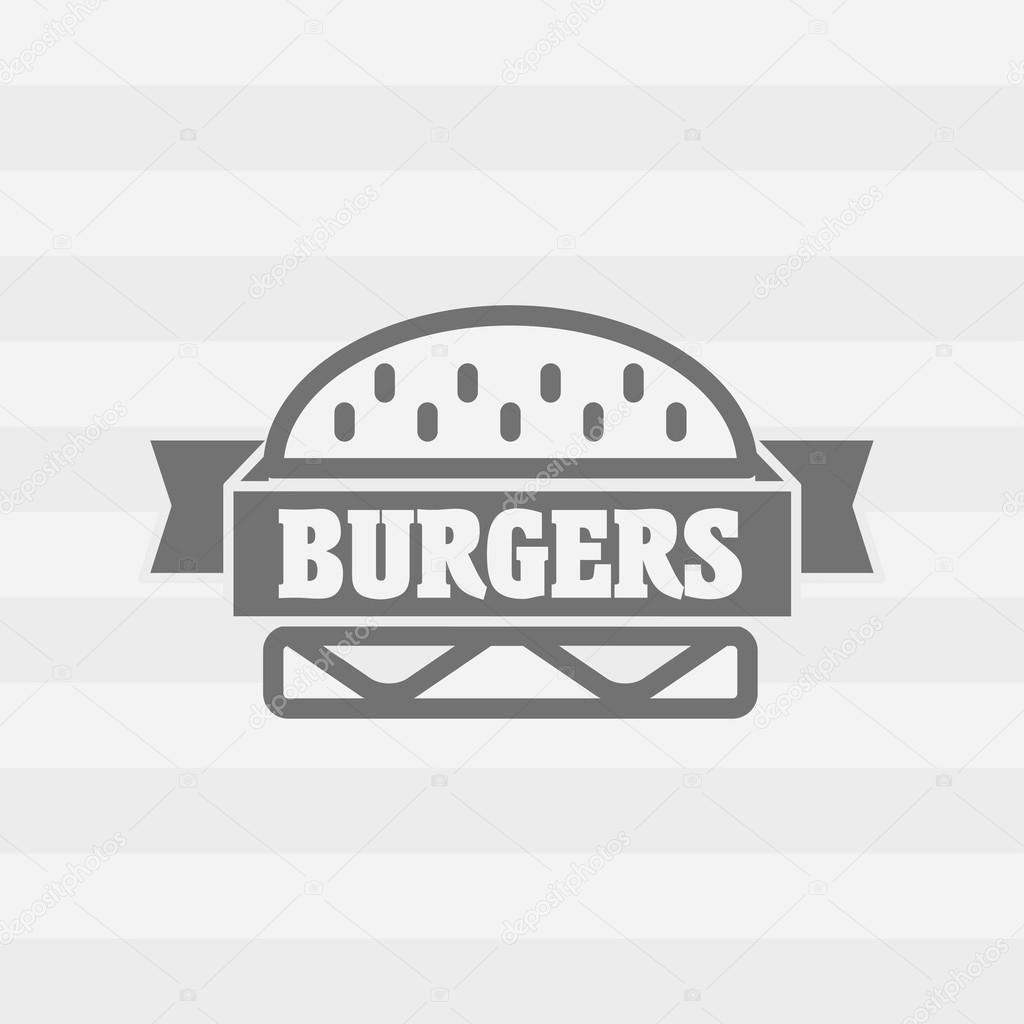Burgers logo or badge concept with ribbon. Gray on light background