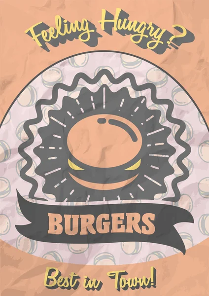 Desain poster retro dengan burger panas, lezat, dan lezat. Gaya antik tanda hamburger pada latar belakang kertas kusut . - Stok Vektor