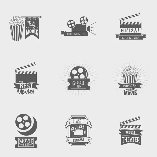 Conjunto de logotipos de cinema vetorial e sinais. Estúdios de cinema, cinema e crachás de cinema. emblemas vintage com texto de amostra. Pode ser usado para cartazes de design, folhetos ou cartões — Vetor de Stock