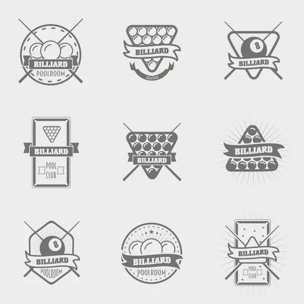 Набор винтажных бильярдных этикеток, эмблем и логотипа. Может использоваться для дизайнерских плакатов, листовок или открыток — стоковый вектор