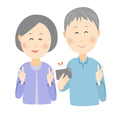 Dedem ve büyükannem akıllı telefonla selfie çekiyorlar.