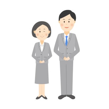 Takım elbiseli erkekler ve kadınlar gülümseyerek duruyorlar.