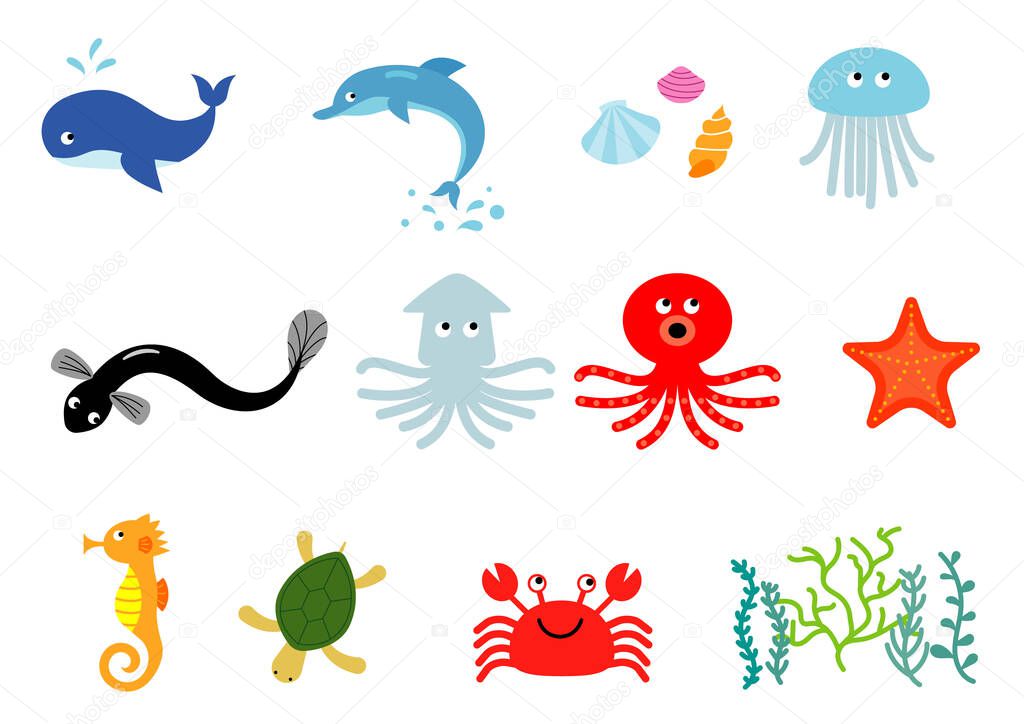 An illustration set of various sea creatures such as whales, octopuses, and octopuses.