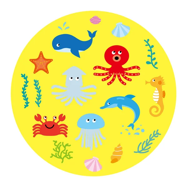 Набор Иллюстраций Различных Морских Существ Таких Киты Осьминоги Осьминоги — стоковый вектор