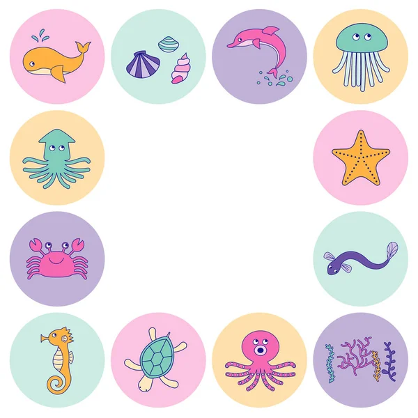 Conjunto Ilustrativo Várias Criaturas Marinhas Como Baleias Polvos Polvos — Vetor de Stock