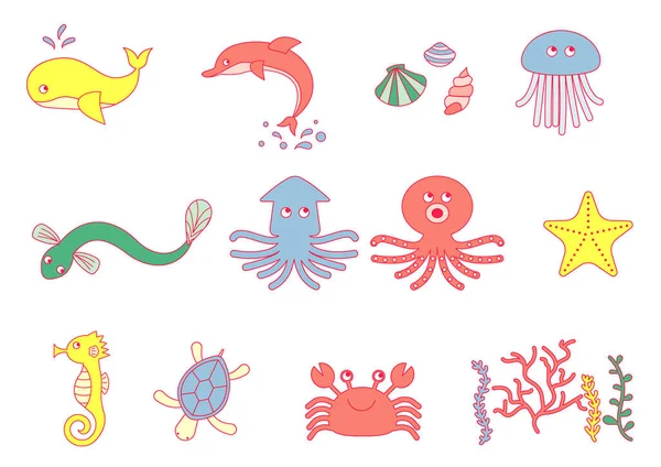Conjunto Ilustrativo Varias Criaturas Marinas Como Ballenas Pulpos Pulpos — Archivo Imágenes Vectoriales