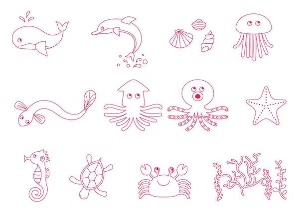 Conjunto Ilustrativo Várias Criaturas Marinhas Como Baleias Polvos Polvos — Vetor de Stock