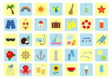 Plajlar, havuzlar, içecekler için yaz vektör illüstrasyonu ayarlandı.