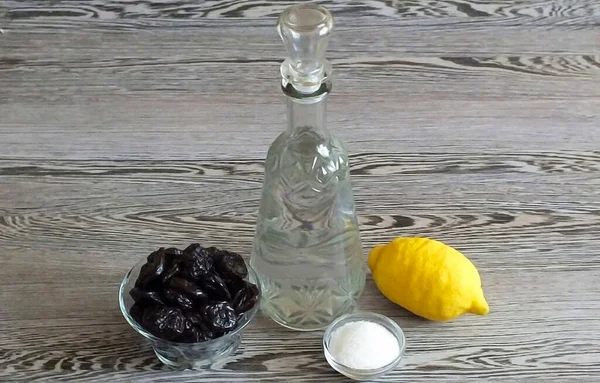 Prepare Required Ingredients Sugar Moonshine Prunes Lemon — Stock Photo, Image